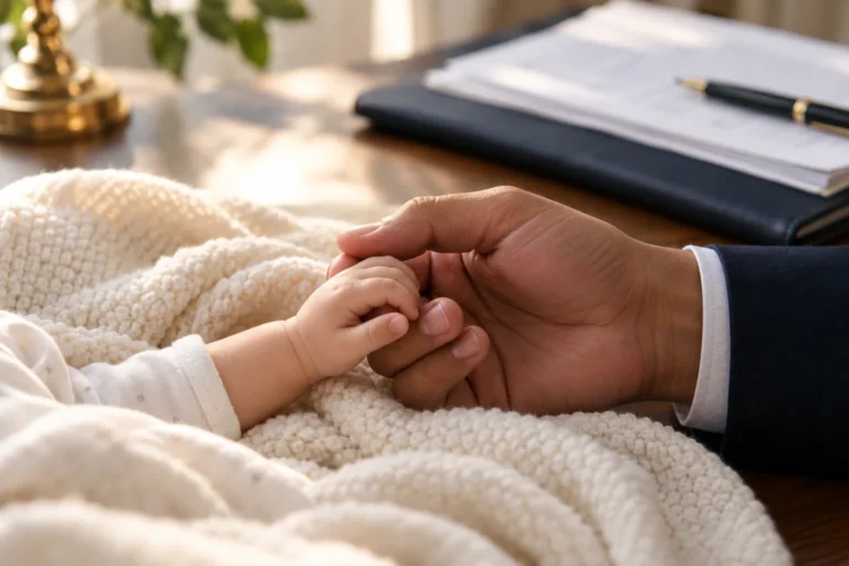 Parent gently holding a baby’s hand beside a cream blanket, with documents in the background.