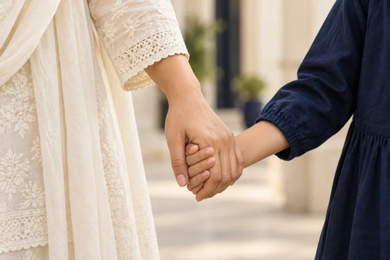 Mother gently holding her child’s hands in a legal office, with their faces outside the frame.