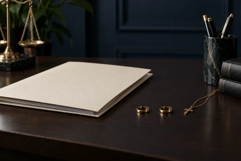 Cream document folder beside separated wedding rings and a gold cross pendant.