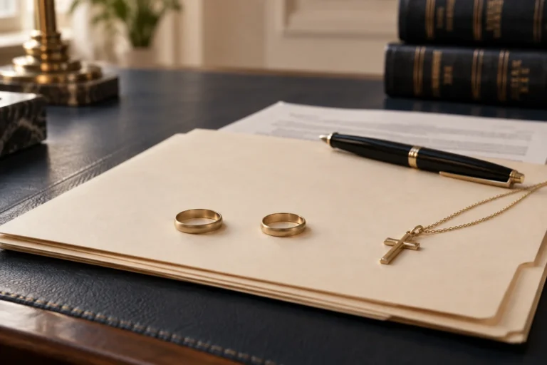 Two separated wedding rings and a gold cross pendant on a cream document folder beside a pen.
