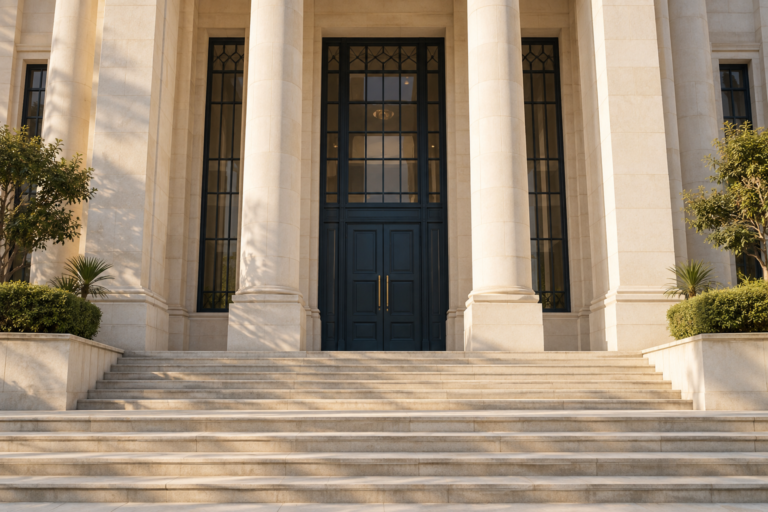 Generic courthouse entrance with pale stone columns, broad steps and dark doors.
