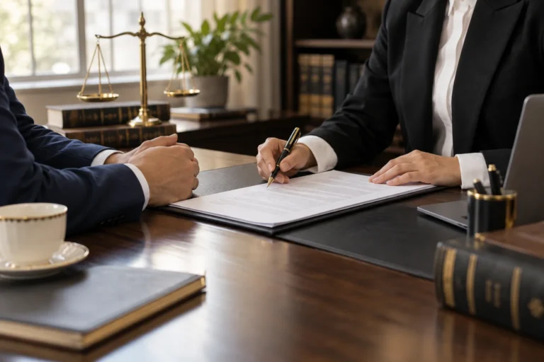 Lawyer and client reviewing a contract across an office desk, with faces outside the frame.