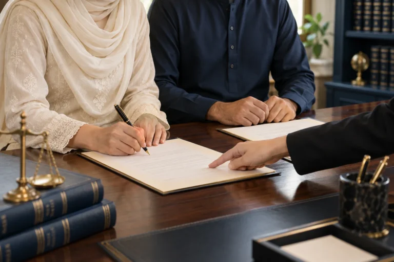 Couple completing marriage paperwork while a lawyer points to the document, with faces outside the frame.