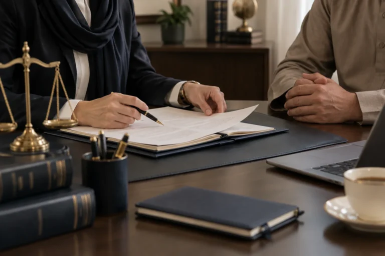 Lawyer reviewing a case file with a client during a private office consultation.