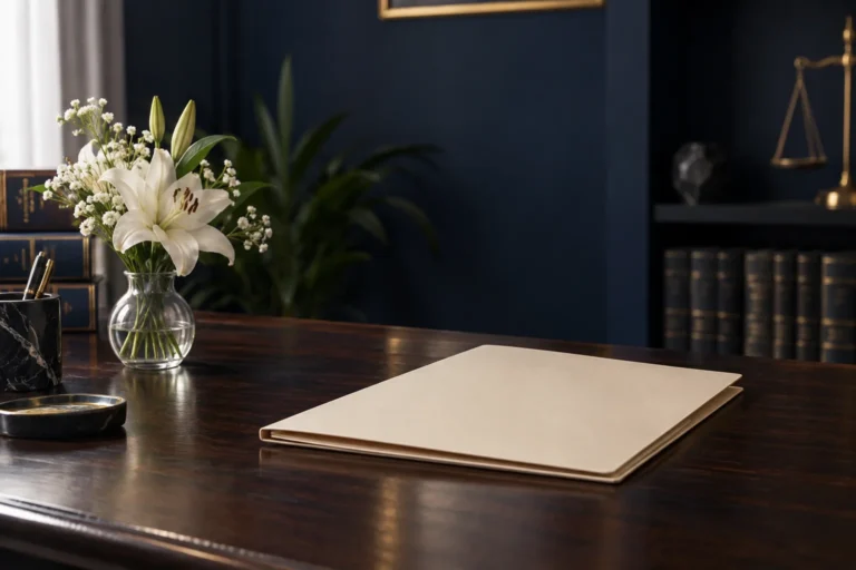 Closed cream document folder beside white flowers on a wooden desk.