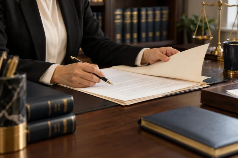 Lawyer reviewing papers in a cream document folder with a pen in hand.