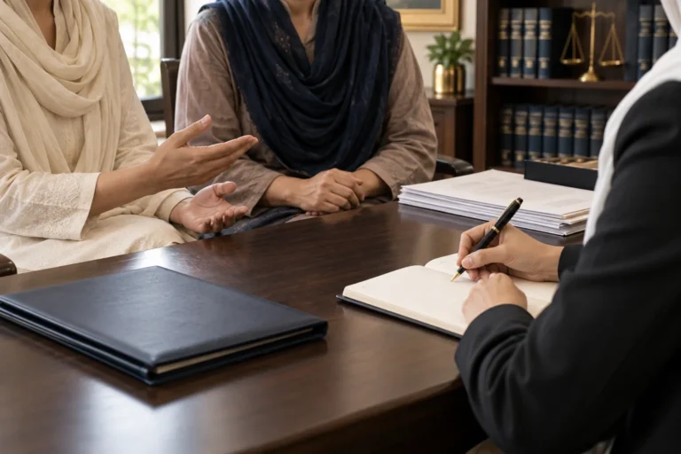 Two women discussing a family matter with a female lawyer taking notes, with faces outside the frame.