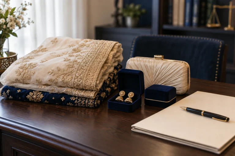 Jewellery boxes, folded embroidered bridal clothing and a cream clutch beside a document folder.