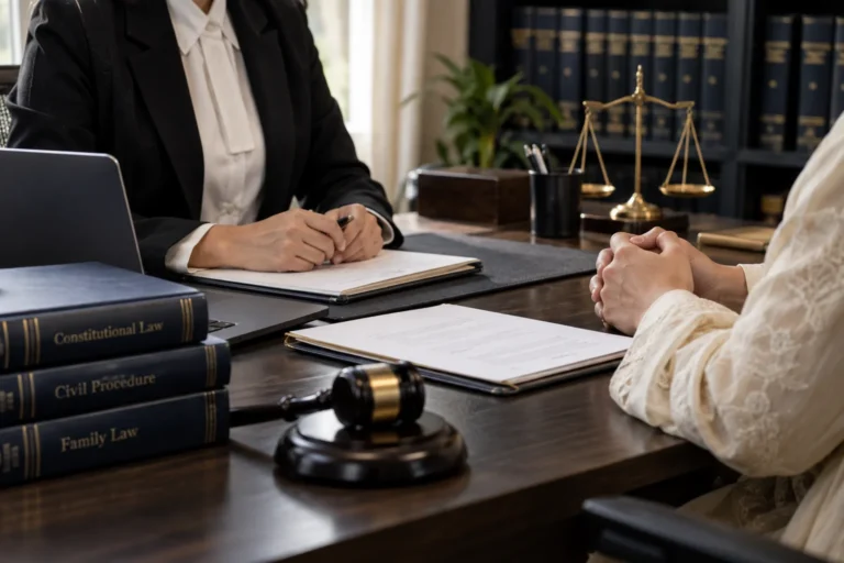 Female lawyer consulting a client across a desk with documents and law books.