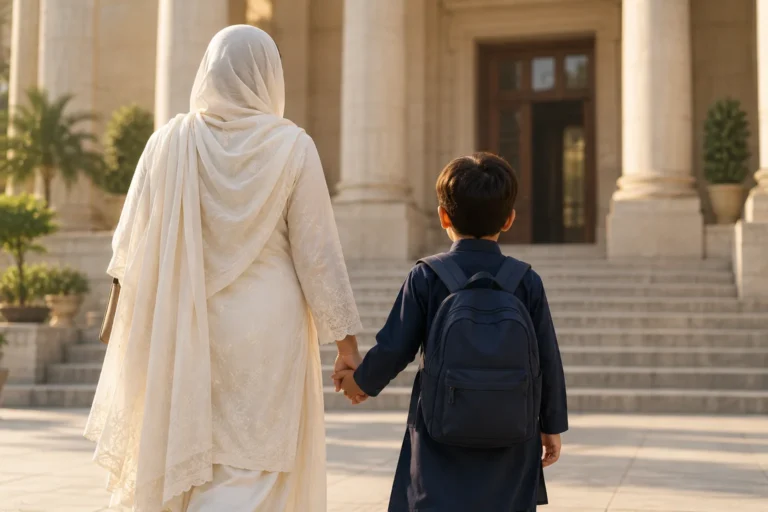 Adult holding a child’s hand near a courthouse entrance, photographed from behind.