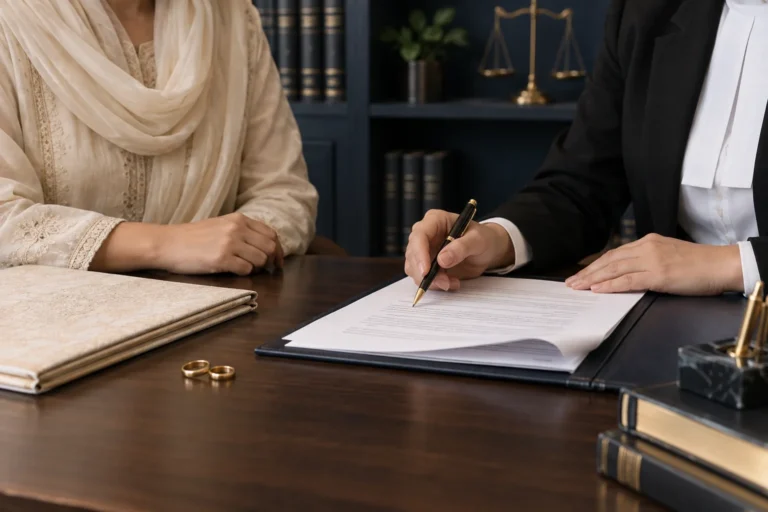 Two separated gold wedding rings on legal documents, with brass scales and law books in the background.