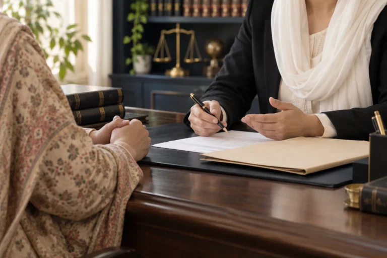Lawyer reviewing marriage documents with a woman, with two wedding rings on the desk.