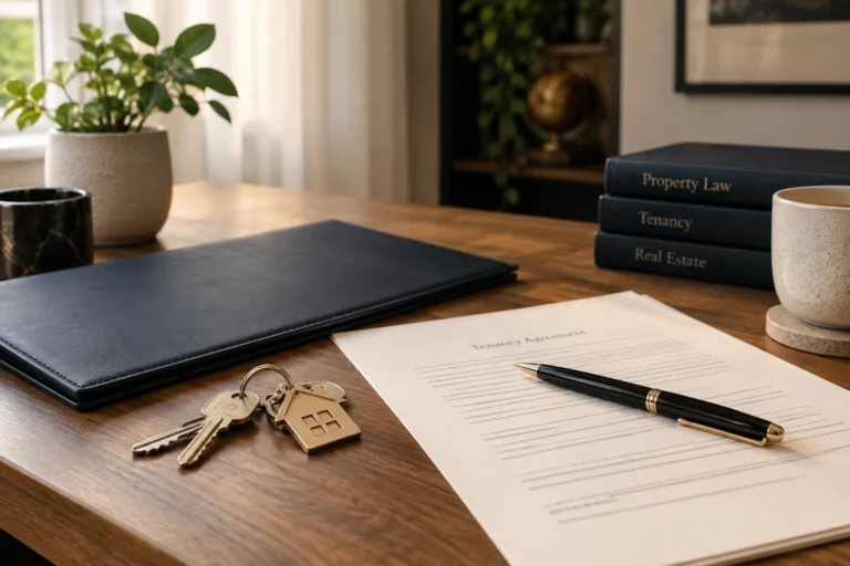 House keys beside a tenancy agreement, pen and navy folder on a wooden table.