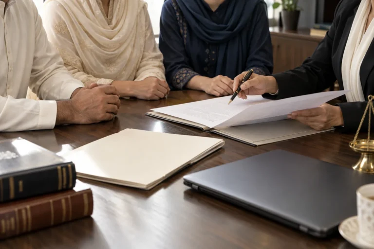 Family members reviewing documents with a female lawyer, with faces outside the frame.