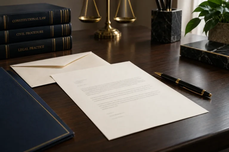 Formal letter, cream envelope and black pen on a wooden lawyer’s desk.