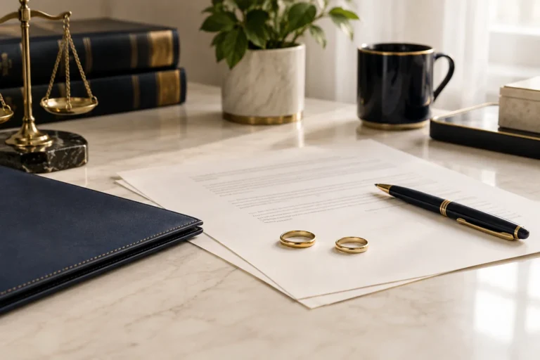 Two separated wedding rings on paperwork beside a navy folder and pen.