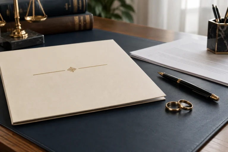 Lawyer reviewing paperwork in a navy document folder at an office desk.