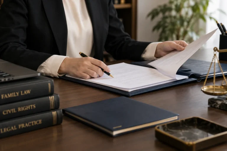 Cream document folder with two wedding rings and a black pen on a navy desk mat.