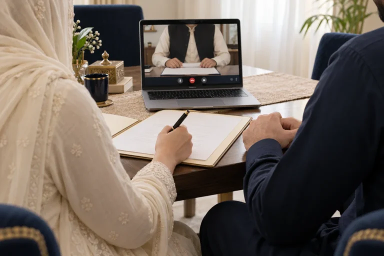 Couple attending a laptop video call with marriage paperwork and a pen on the table.