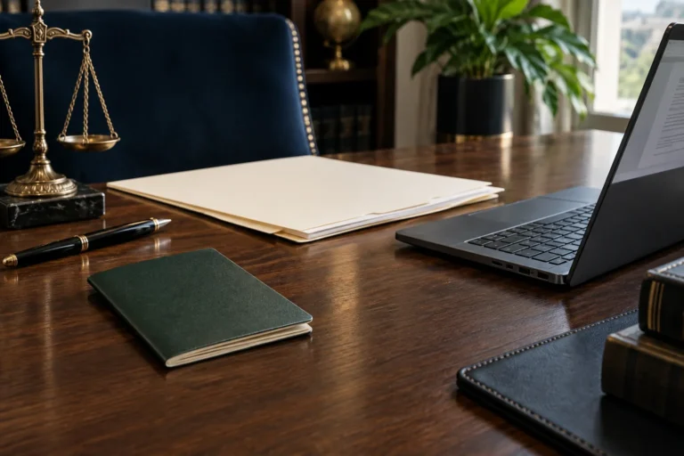 Green passport cover, cream document folder and laptop arranged on an office desk.