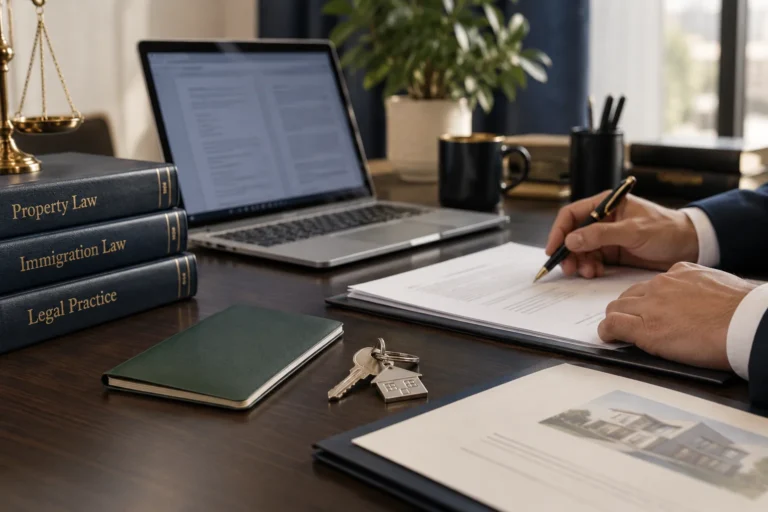 Property documents being reviewed beside a laptop, green passport cover and house keys.