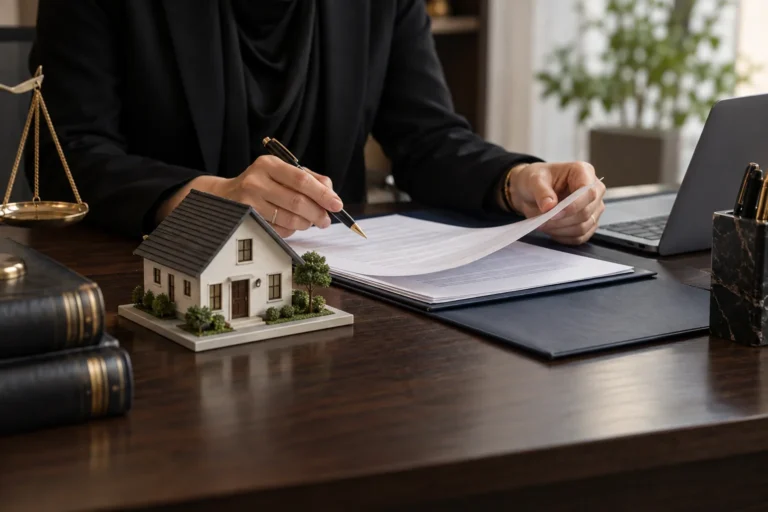 Lawyer reviewing documents beside a small house model on an office desk.