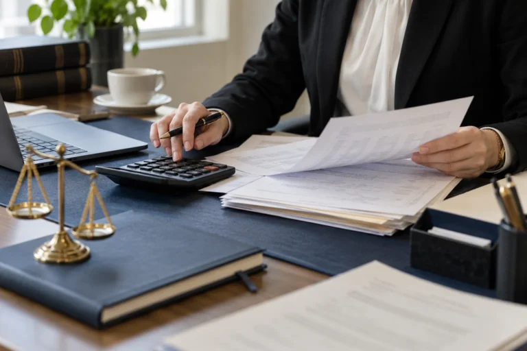 Lawyer reviewing financial records while using a calculator at a desk.