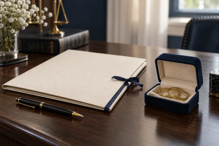Closed cream document folder beside a navy jewellery box containing gold bangles on a wooden desk.