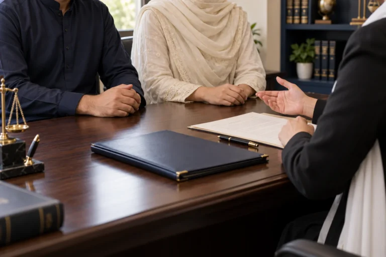 Couple seated across from a female lawyer discussing documents, with all faces outside the frame.