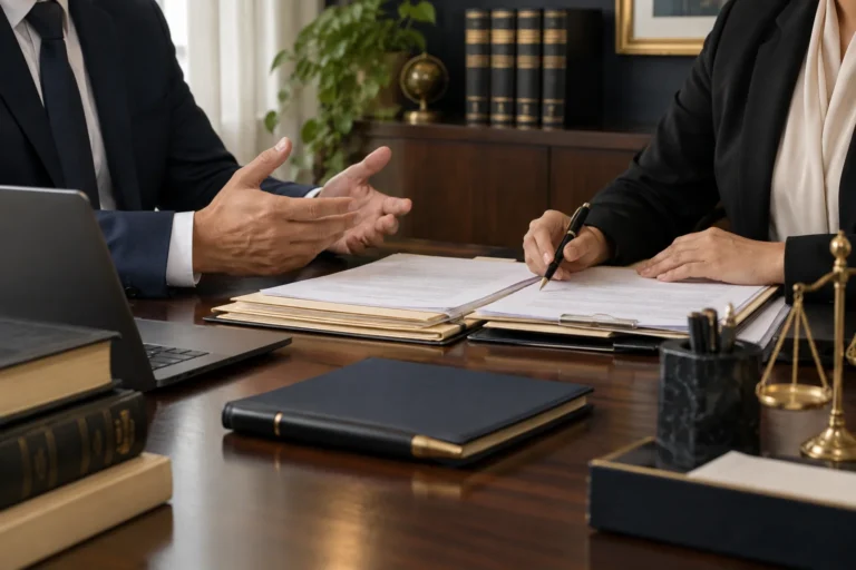 Professional discussing documents with a female lawyer across an office desk.