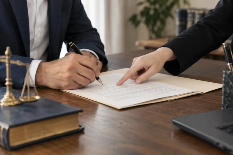 Client signing a document while a lawyer points to the relevant section.
