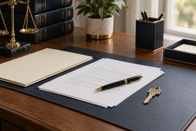 Documents, a house key and a black pen arranged on a navy desk mat. Caption: Legal support for succession certificate matters.