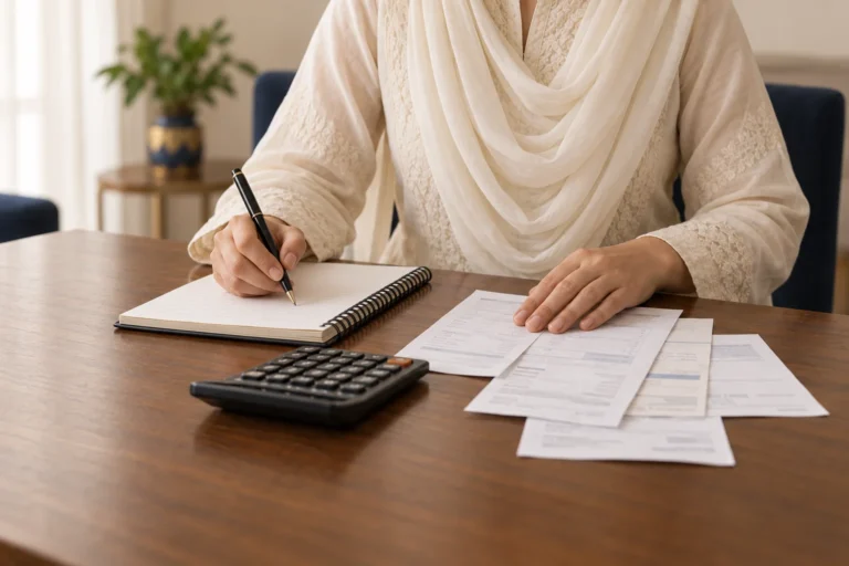 Parent reviewing household bills at a wooden table with a notebook and calculator.