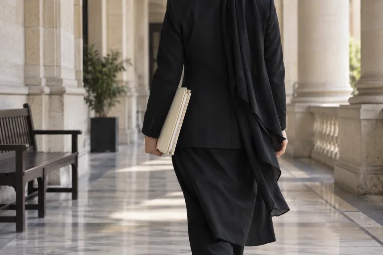 Advocate carrying a cream case file through a stone courthouse corridor, photographed from behind.